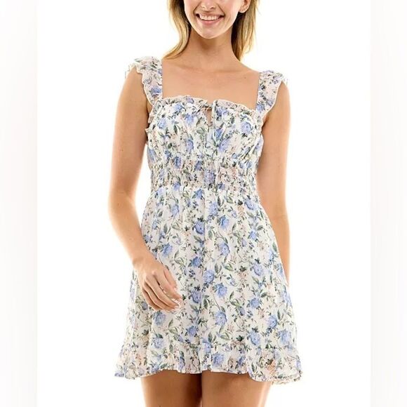 TRIXXI Juniors' Printed Smocked-Waist Floral Ruffled Mini Dress size XS - Picture 2 of 10